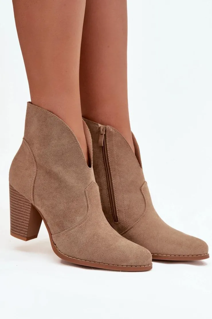 Outlet Boto Botki Damskie Na Słupku Z Eko Zamszu Beżowe Elvirae Beżowy