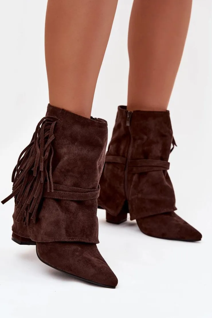 Damskie Boto Botki Damskie Na Słupku Z Frędzlami I Złotymi Klamrami Czekoladowe Evelisse