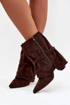 Damskie Boto Botki Damskie Na Słupku Z Frędzlami I Złotymi Klamrami Czekoladowe Evelisse
