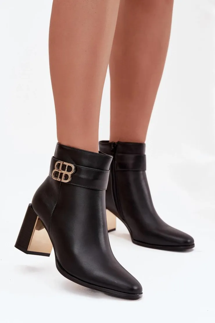 Online Boto Botki Damskie Na Słupku Z Paskiem I Złotym Detalem Czarne Galinne Czarny
