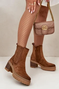 New Boto Botki Damskie Na Słupku Z Eko Zamszu Ocieplane Brązowe Nevitas Brązowy