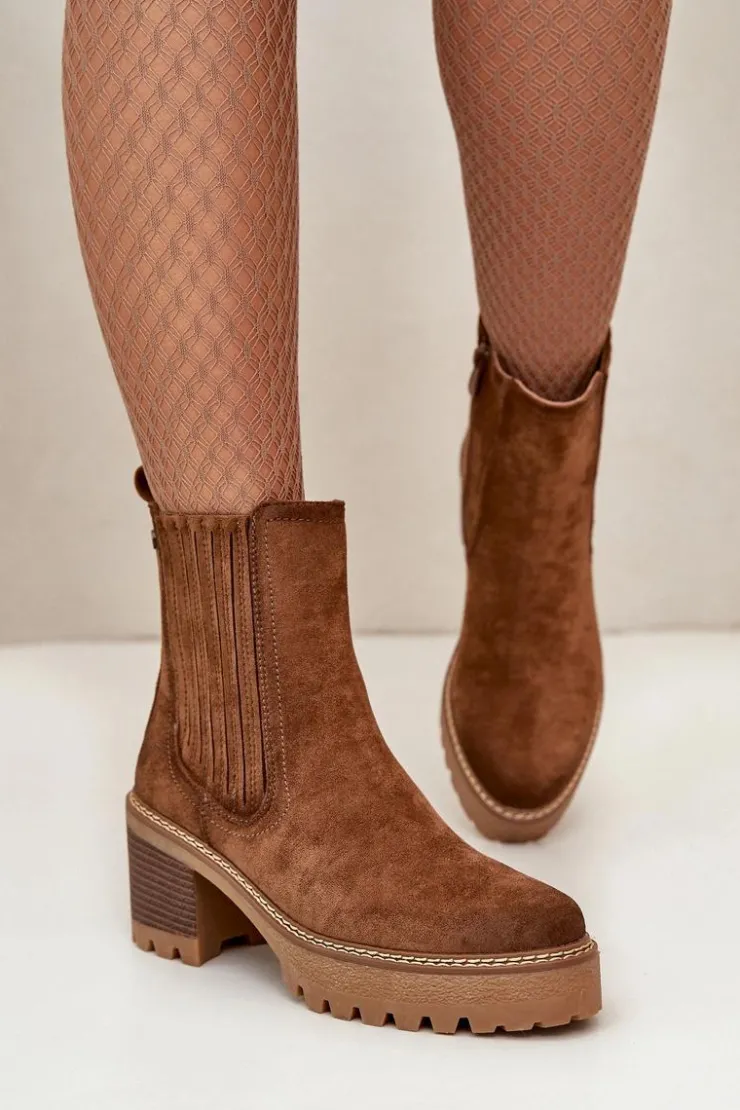 New Boto Botki Damskie Na Słupku Z Eko Zamszu Ocieplane Brązowe Nevitas Brązowy