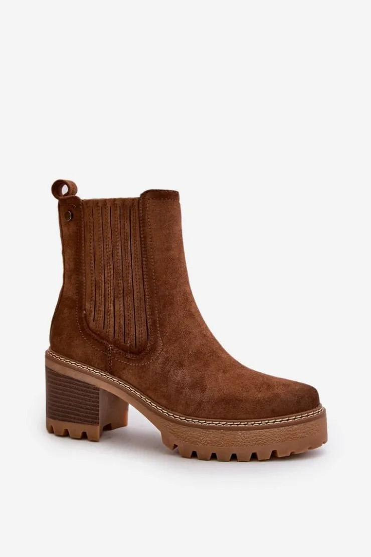 New Boto Botki Damskie Na Słupku Z Eko Zamszu Ocieplane Brązowe Nevitas Brązowy