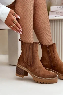 New Boto Botki Damskie Na Słupku Z Eko Zamszu Ocieplane Brązowe Nevitas Brązowy
