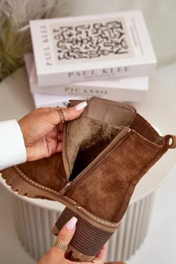 New Boto Botki Damskie Na Słupku Z Eko Zamszu Ocieplane Brązowe Nevitas Brązowy