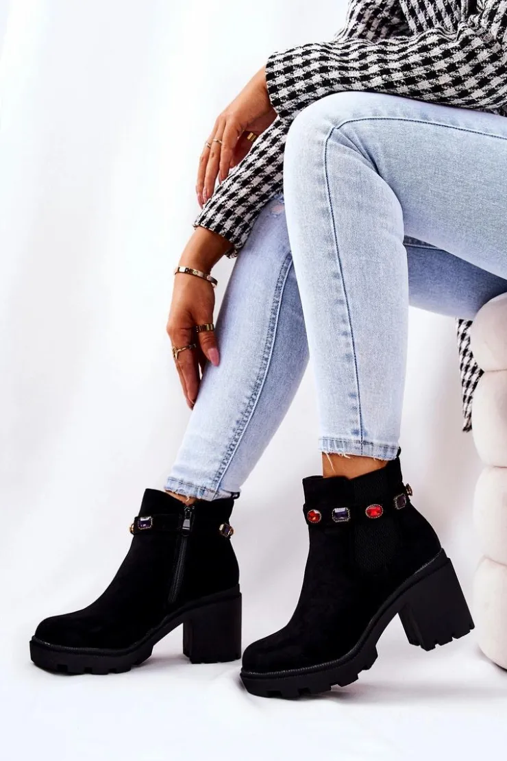 Damskie Boto Botki Damskie Na Słupku z Kryształami Czarne Makbet