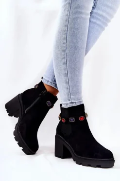 Damskie Boto Botki Damskie Na Słupku z Kryształami Czarne Makbet