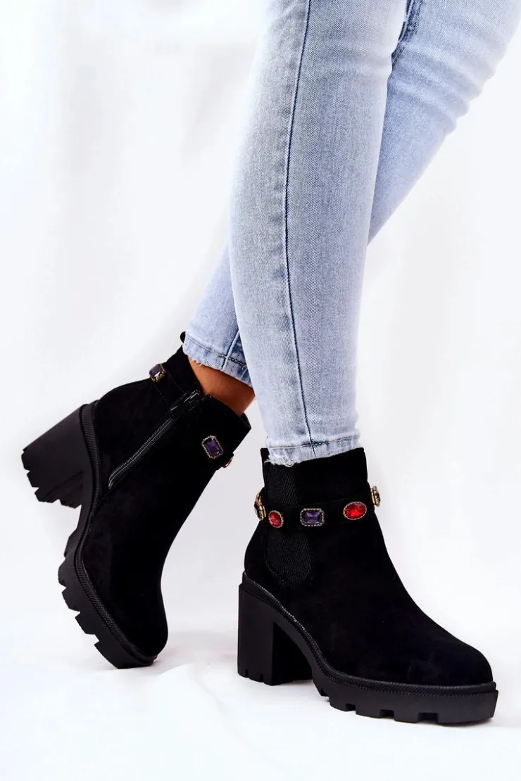 Damskie Boto Botki Damskie Na Słupku z Kryształami Czarne Makbet