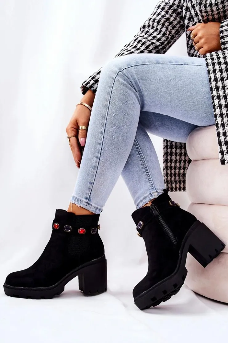 Damskie Boto Botki Damskie Na Słupku z Kryształami Czarne Makbet