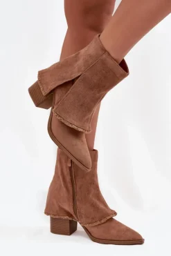 Boto Botki Na Słupku|Botki Na Obcasie*Botki Damskie Na Słupku Z Wywiniętą Cholewką Jasnobrązowe Idalia Brązowy