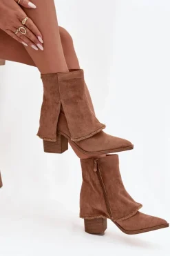 Boto Botki Na Słupku|Botki Na Obcasie*Botki Damskie Na Słupku Z Wywiniętą Cholewką Jasnobrązowe Idalia Brązowy
