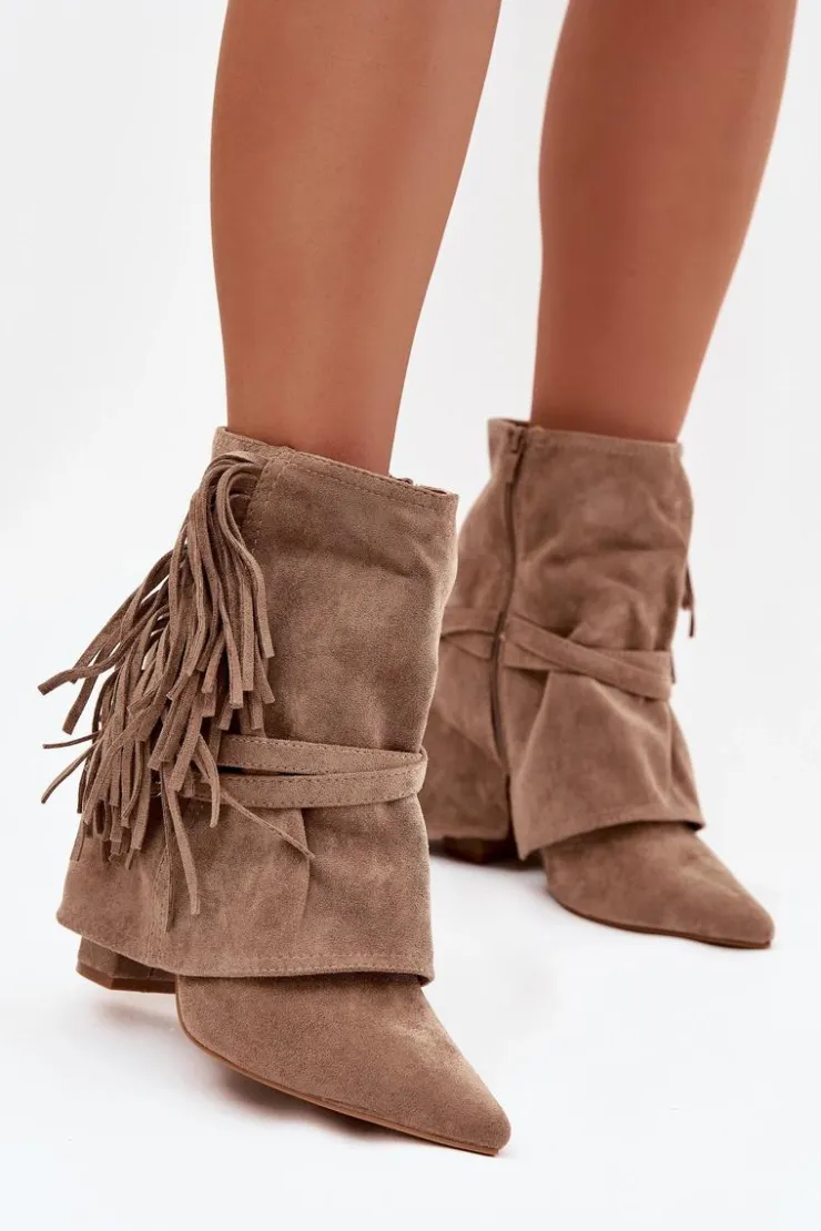 Outlet Boto Botki Damskie Na Słupku Z Frędzlami I Złotymi Klamrami Beżowe Evelisse Beżowy