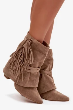 Outlet Boto Botki Damskie Na Słupku Z Frędzlami I Złotymi Klamrami Beżowe Evelisse Beżowy