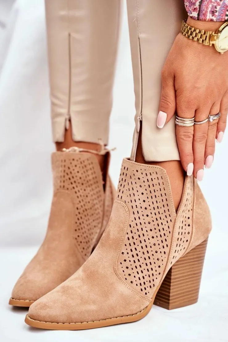 Clearance Boto Botki Damskie Na Słupku Zamszowe Ażurowe Beżowe Shades