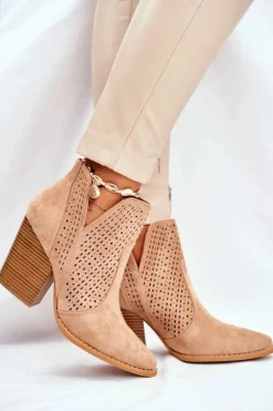 Clearance Boto Botki Damskie Na Słupku Zamszowe Ażurowe Beżowe Shades