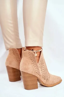 Clearance Boto Botki Damskie Na Słupku Zamszowe Ażurowe Beżowe Shades