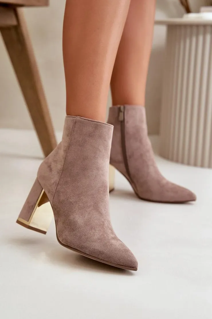 Hot Boto Botki Damskie Na Słupku Zapinane Na Zamek Ocieplane Eko Zamszowe Beżowe Mevair