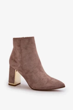 Hot Boto Botki Damskie Na Słupku Zapinane Na Zamek Ocieplane Eko Zamszowe Beżowe Mevair