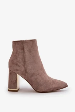 Hot Boto Botki Damskie Na Słupku Zapinane Na Zamek Ocieplane Eko Zamszowe Beżowe Mevair