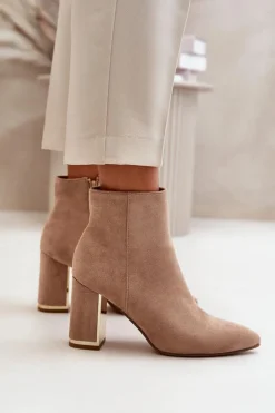 Damskie Boto Botki Damskie Na Słupku Zapinane Na Zamek Ocieplane Eko Zamszowe Jasnobrązowe Mevair