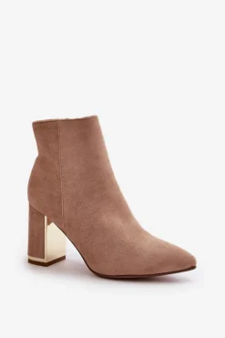 Damskie Boto Botki Damskie Na Słupku Zapinane Na Zamek Ocieplane Eko Zamszowe Jasnobrązowe Mevair