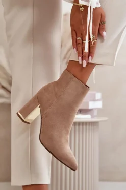 Damskie Boto Botki Damskie Na Słupku Zapinane Na Zamek Ocieplane Eko Zamszowe Jasnobrązowe Mevair