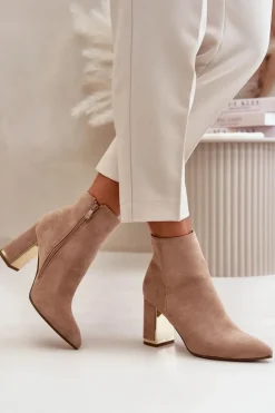 Damskie Boto Botki Damskie Na Słupku Zapinane Na Zamek Ocieplane Eko Zamszowe Jasnobrązowe Mevair