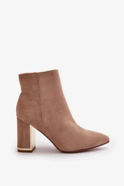 Damskie Boto Botki Damskie Na Słupku Zapinane Na Zamek Ocieplane Eko Zamszowe Jasnobrązowe Mevair