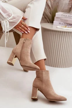 Damskie Boto Botki Damskie Na Słupku Zapinane Na Zamek Ocieplane Eko Zamszowe Jasnobrązowe Mevair