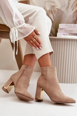 Damskie Boto Botki Damskie Na Słupku Zapinane Na Zamek Ocieplane Eko Zamszowe Jasnobrązowe Mevair