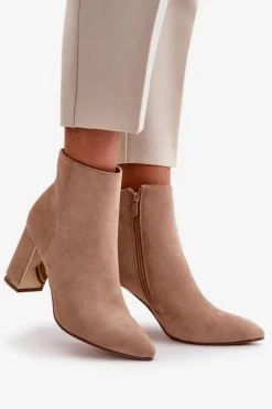 Damskie Boto Botki Damskie Na Słupku Zapinane Na Zamek Ocieplane Eko Zamszowe Jasnobrązowe Mevair