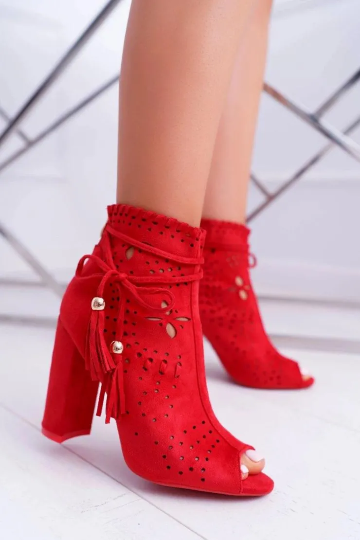 Damskie Boto Botki Damskie Na Słupku Zamszowe Czerwone Corinne