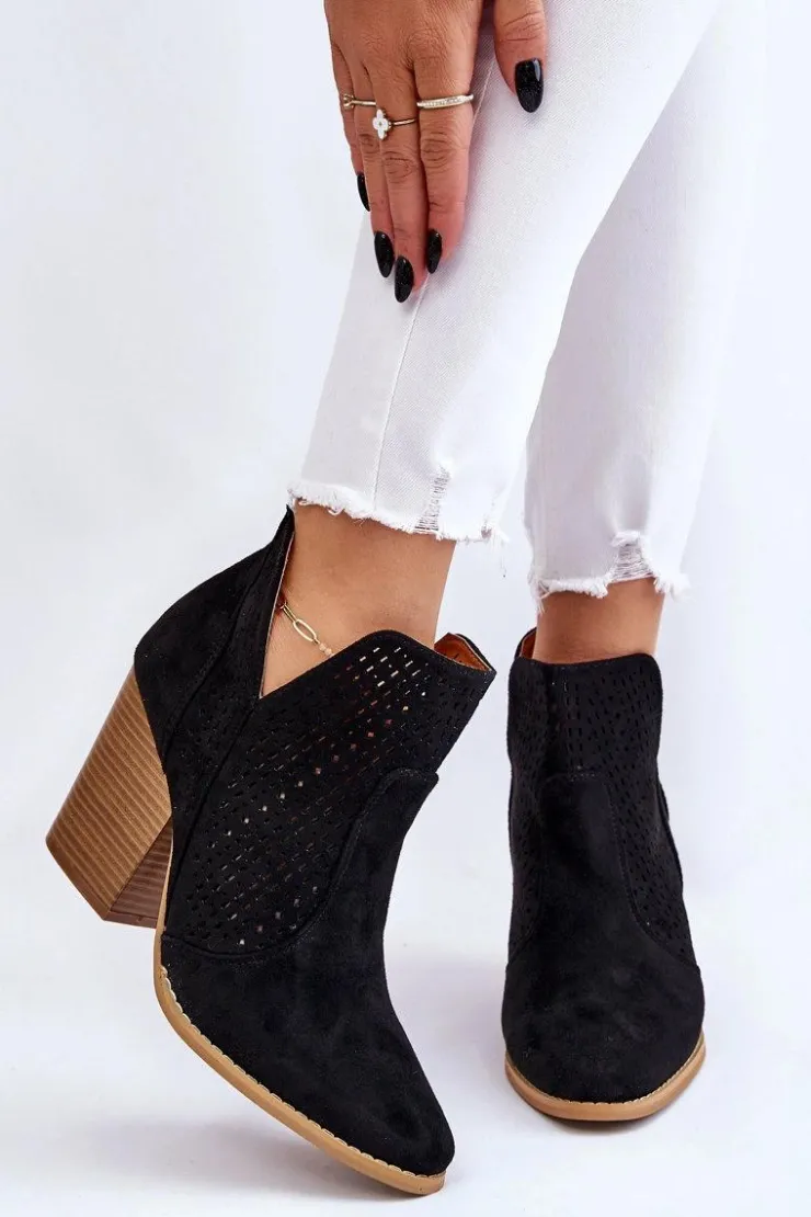 Damskie Boto Botki Damskie Na Słupku Zamszowe Ażurowe Czarne Shades