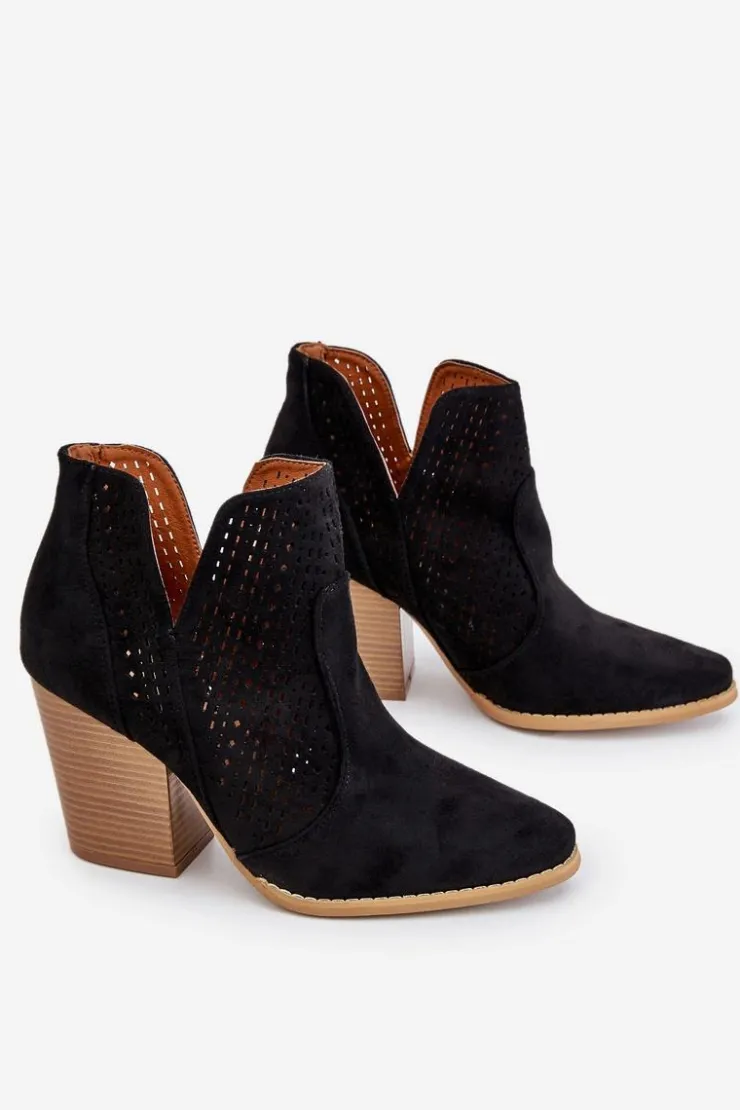 Damskie Boto Botki Damskie Na Słupku Zamszowe Ażurowe Czarne Shades