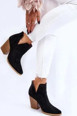 Damskie Boto Botki Damskie Na Słupku Zamszowe Ażurowe Czarne Shades