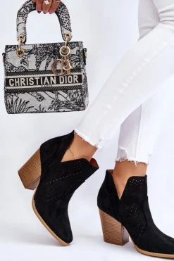 Damskie Boto Botki Damskie Na Słupku Zamszowe Ażurowe Czarne Shades