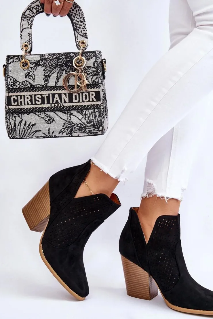 Damskie Boto Botki Damskie Na Słupku Zamszowe Ażurowe Czarne Shades