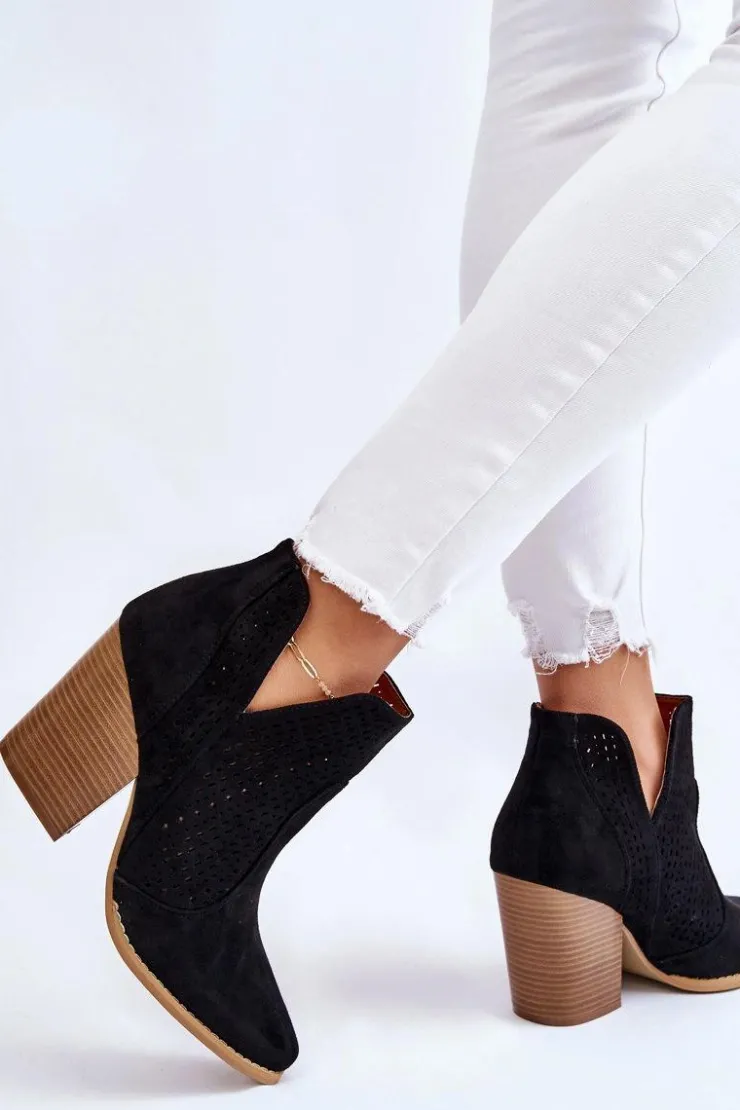 Damskie Boto Botki Damskie Na Słupku Zamszowe Ażurowe Czarne Shades