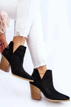 Damskie Boto Botki Damskie Na Słupku Zamszowe Ażurowe Czarne Shades