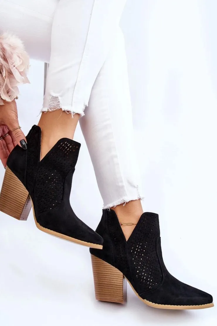 Damskie Boto Botki Damskie Na Słupku Zamszowe Ażurowe Czarne Shades