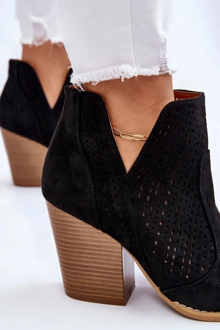 Damskie Boto Botki Damskie Na Słupku Zamszowe Ażurowe Czarne Shades