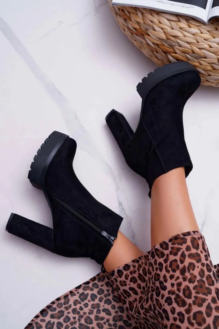 New Boto Botki Damskie na Słupku Zamszowe Czarne Jokano