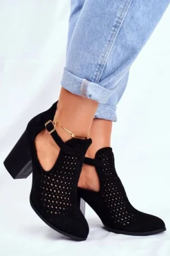 New Boto Botki Damskie Na Słupku Zamszowe Ażurowe Czarne Morrena