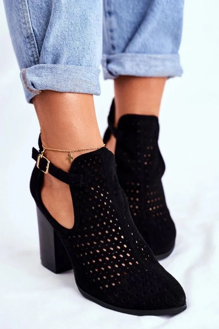 New Boto Botki Damskie Na Słupku Zamszowe Ażurowe Czarne Morrena