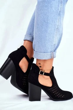 New Boto Botki Damskie Na Słupku Zamszowe Ażurowe Czarne Morrena