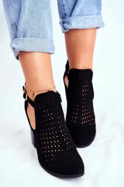 New Boto Botki Damskie Na Słupku Zamszowe Ażurowe Czarne Morrena