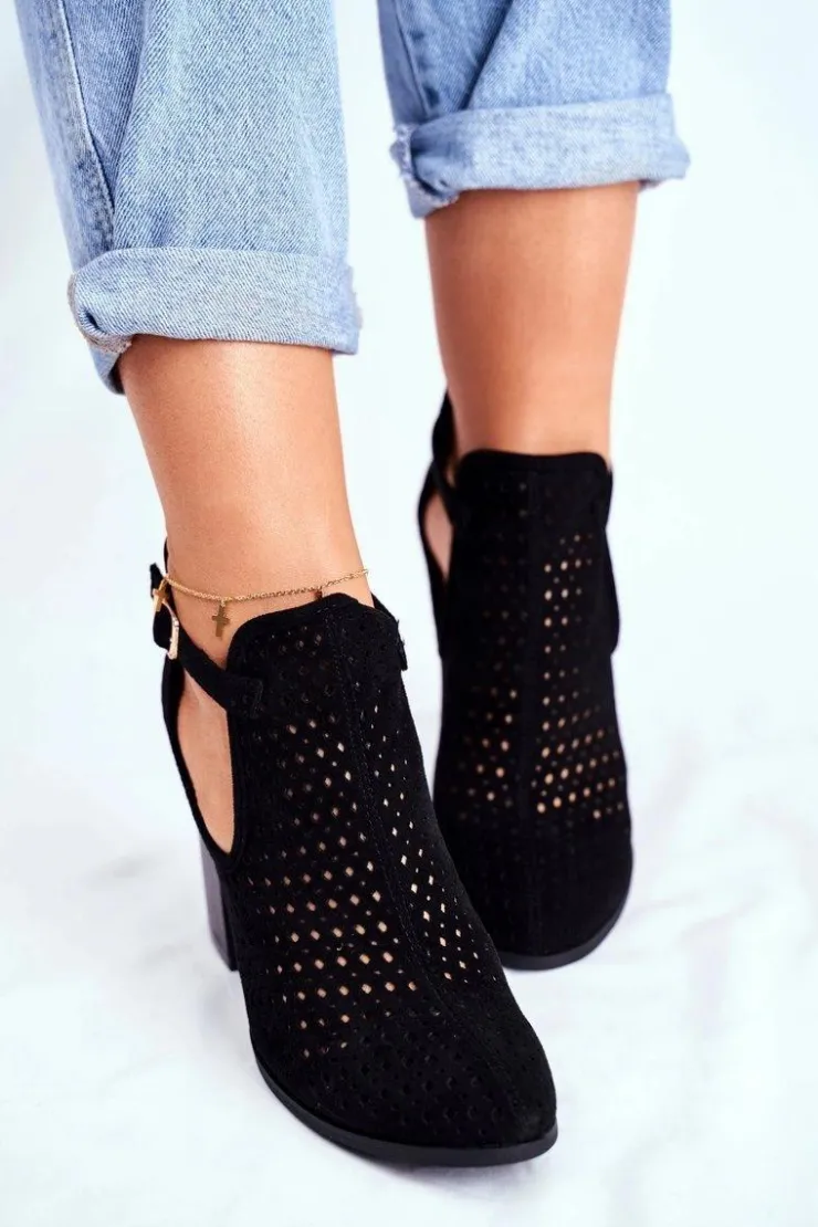 New Boto Botki Damskie Na Słupku Zamszowe Ażurowe Czarne Morrena