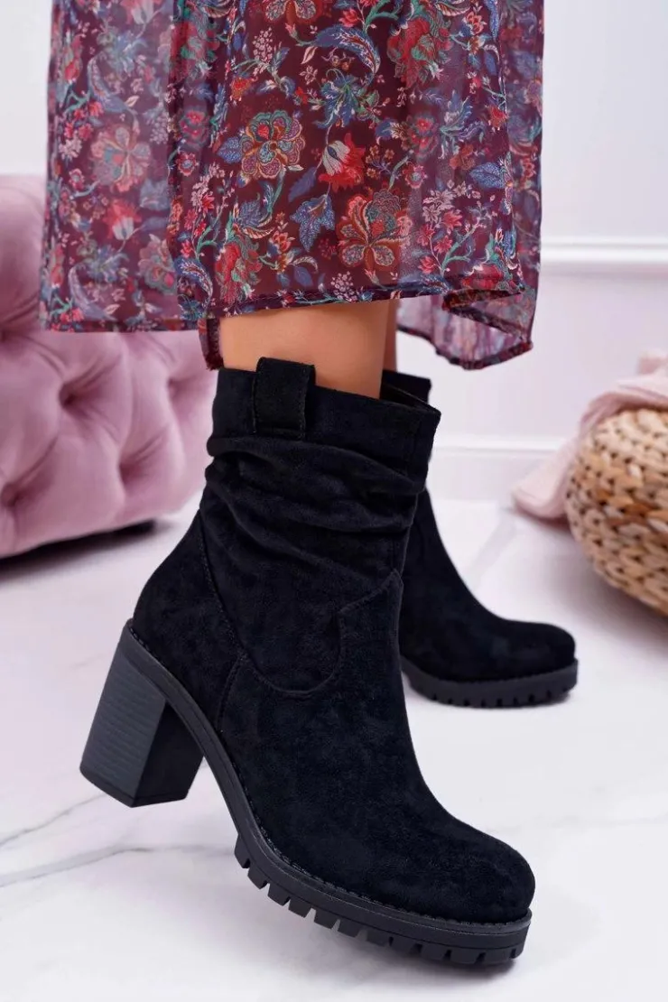 Best Boto Botki Damskie Na Słupku Zamsz Czarne Celma