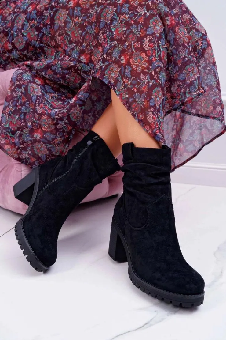 Best Boto Botki Damskie Na Słupku Zamsz Czarne Celma