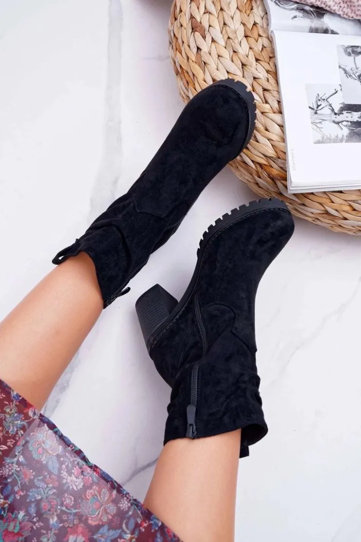 Best Boto Botki Damskie Na Słupku Zamsz Czarne Celma